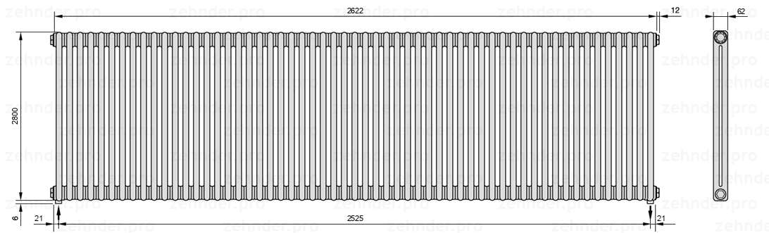 Схема (чертеж) Радиатор Zehnder Charleston 2280/57 №5310 Белый глянцевый RAL 9016